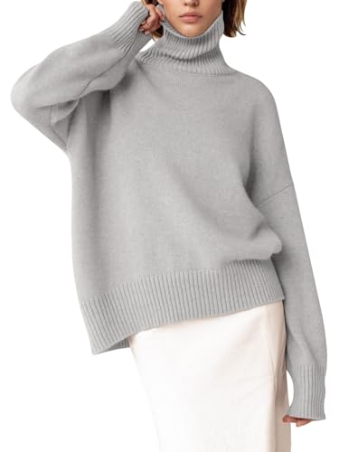 YKR Women's Turtleneck Sweater Chunky Long Sleeve Knitted Pullover High Low Hem Sweater 2023 Fall Winter Sweater Top Grey L