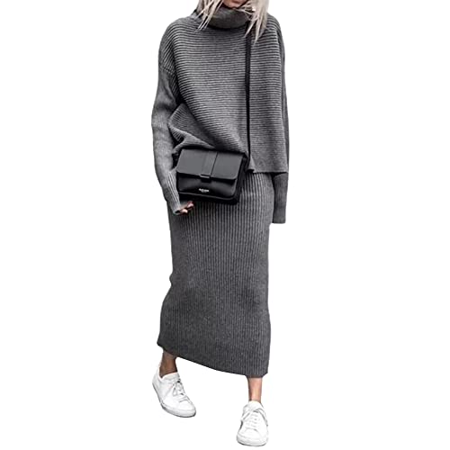 chouyatou Women's Turtleneck 2 Piece Outfits Ribbed Knit Sweater Midi Pencil Skirt Set (Small, Gray)
