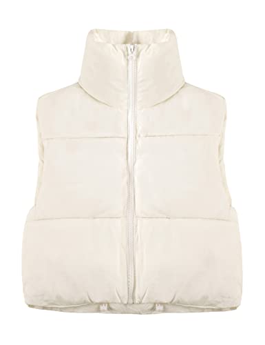 Yeokou Women's Cropped Puffer Vest Zip Up Stand Collar Sleeveless Outerwear with Pockets(Beige-L)