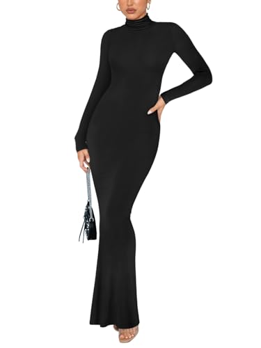 REORIA Women's Sexy Casual Mock Turtleneck Long Sleeve Elegant Long Dress Fall Wedding Guest Tight Ribbed Lounge Bodycon Maxi Dresses Black X-Small