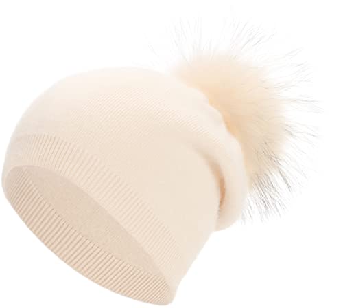 Cream Cashmere Slouchy Beanie for Winter Warm Hat Women Beige Real Fur Pom Pom Winter Hat Cashmere Wool Knit Hat Beanie Ski Skull Cap Hat (Beige Pom)