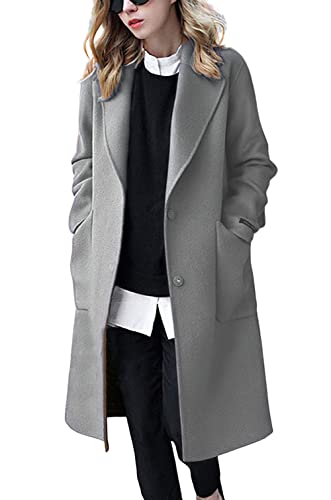 chouyatou Women's Winter Casual Single Breasted Long Wool Coat Formal Office Wool Overcoat (Large, Grey)