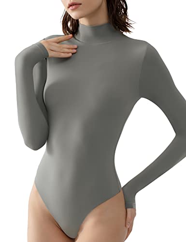 Pumiey Women's Scoop Neck Long Sleeve Bodysuit in Grey, Size S