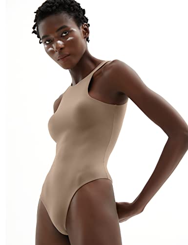 PUMIEY C202 Women's Sexy Bodysuit Sleeveless Tops Body Suits Women Clothing  Brown Thong Bodysuit Racerback High Neck Latte Medium