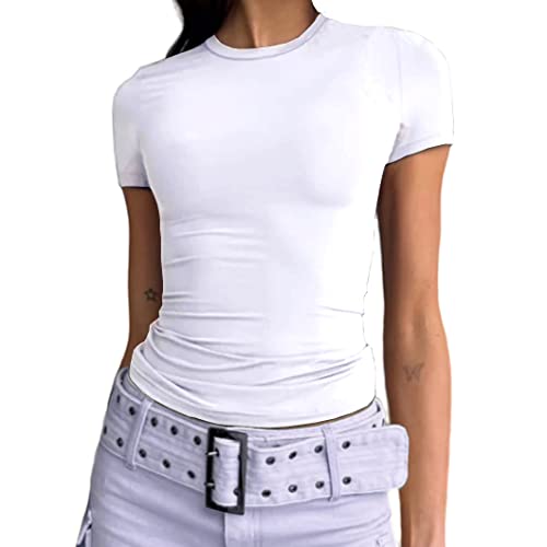 Women's Casual Basic Going Out Crop Tops Slim Fit Short Sleeve Crew Neck Tight T Shirts (White, S)