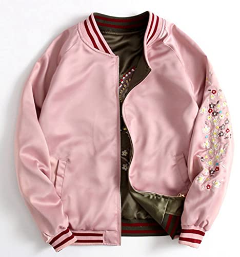 Satin Phoenix Embroidery Baseball Jacket Women Double Sided Female Bomber Jacket,Pink,XXL
