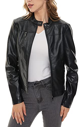 Fahsyee Faux Leather Jacket for Women, Black Motorcycle Short Coat Zip Up Moto Biker Fitted Slim Outwear, Size S