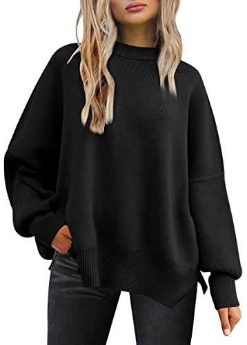 LILLUSORY Women's Black Crewneck Batwing Long Sleeve Sweater 2023 Fall Oversized Ribbed Knit Side Slit Pullover Top