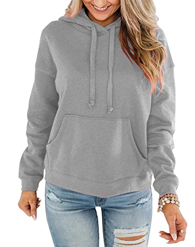 Bingerlily Women's Casual Hoodies Long Sleeve Solid Lightweight Pullover Tops Loose Sweatshirt with Pocket (Grey, Medium)