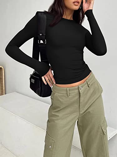 OQQ Women 2 Piece Crop Tops Long Sleeve Stretch Fitted Underscrubs Layer  Tee Shirts Exercise Tops Black Beige at  Women's Clothing store