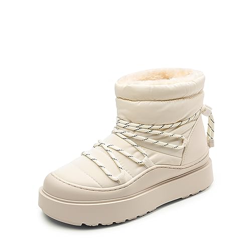DREAM PAIRS Women's Warm Winter Snow Boots Moon Boots Womens Ankle Boots Faux Fur Lined Waterproof Mid Calf Booties Comfortable Insulated Outdoor Non-Slip Lace-Up Shoes Beige Size 8