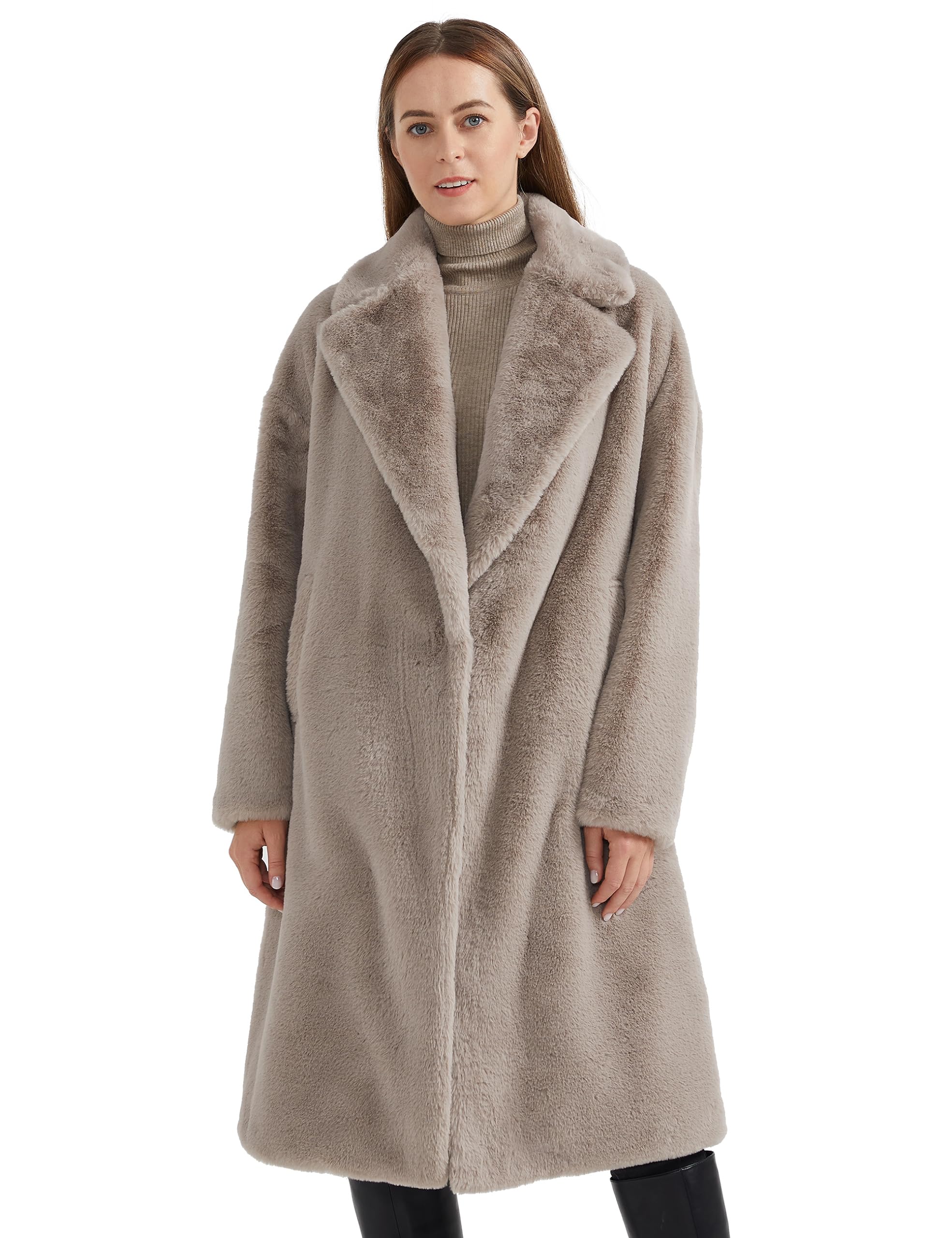 Orolay Women's Fuzzy Fleece Winter Jacket Faux Fur Lapel Coat Mid-Length Sherpa Teddy Coat Grey M